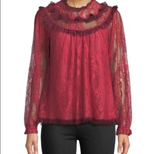 NEEDLE & THREADScallop Frill Lace Long-sleeve Top, Red In Dark Cherry